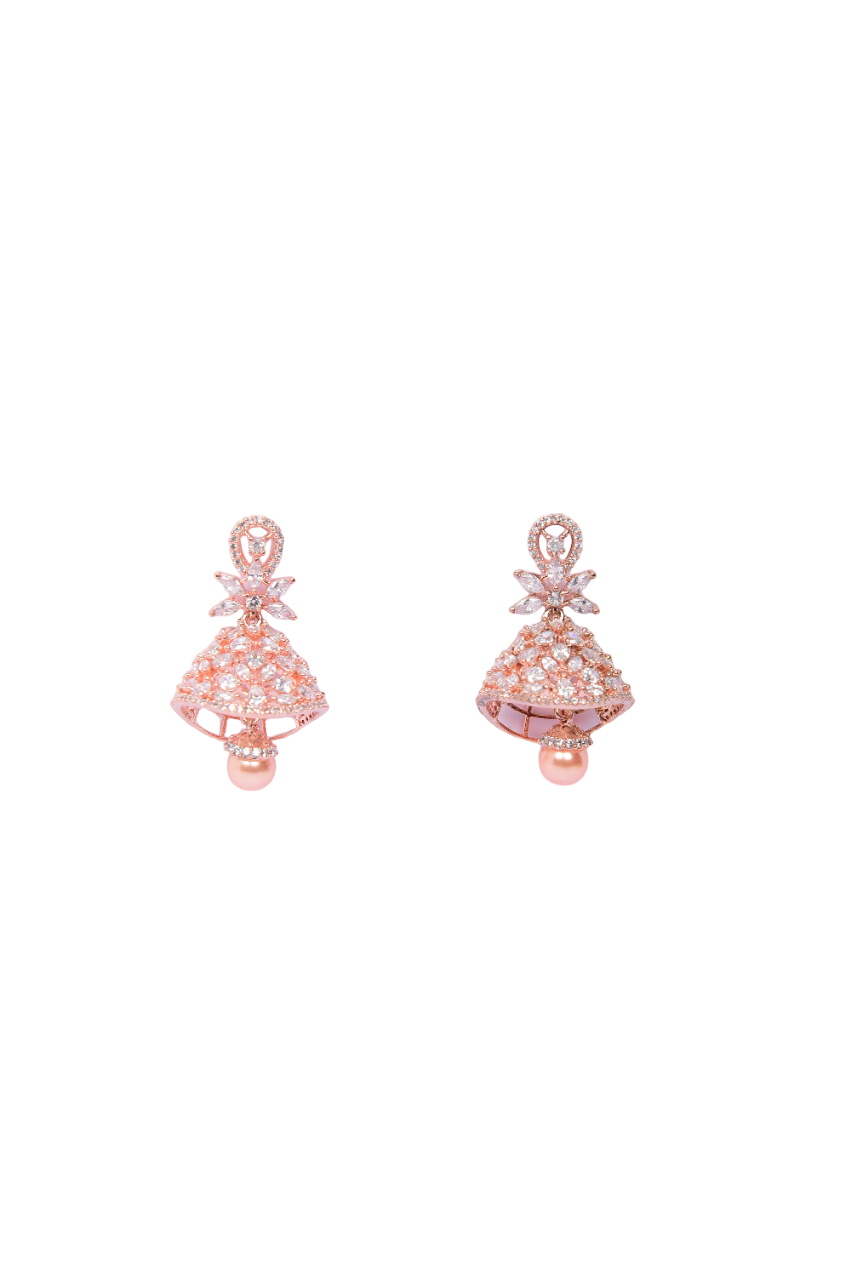 Namokriti Peach Pearl Drop Bell shaped Jhumka Earrings – Elegant Rose Gold Finish for Festive & Party Wear
